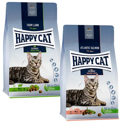 Happy Cat Culinary Trockenfutter für Katzen, Sorten Weide Lamm und Atlantik Lachs, ab 1 Jahr, Made in Germany, ohne künstliche Konservierungsstoffe.