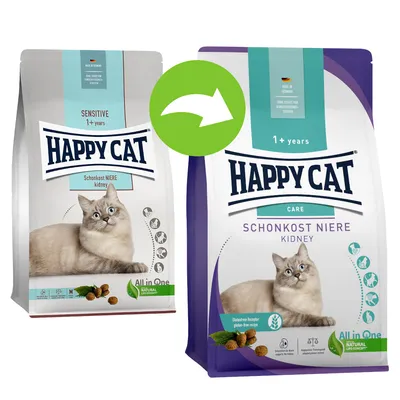 To poser Happy Cat kattefoder: venstre 'Sensitive 1+ years Schonkost Niere kidney', højre 'Care 1+ years Schonkost Niere kidney'. Grøn pil viser ændring i emballage.