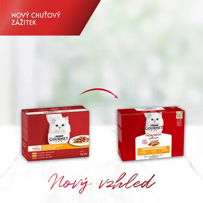 Porovnání starého a nového obalu Gourmet Mon Petit Intense pro kočky, nápisy: Nový chuťový zážitek, Nový vzhled. Obě balení s bílou kočkou na červeném pozadí.