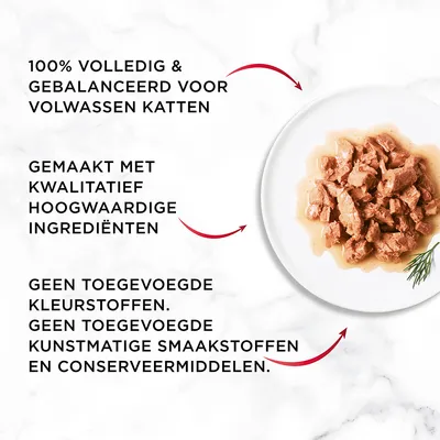 100% volledig & gebalanceerd voor volwassen katten. Gemaakt met kwalitatief hoogwaardige ingrediënten. Geen toegevoegde kleurstoffen, kunstmatige smaakstoffen of conserveermiddelen.
