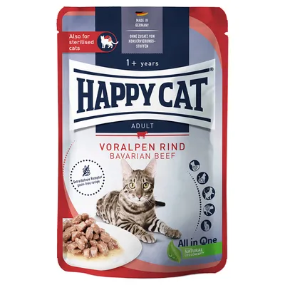 Happy Cat Adult Voralpen Rind, wyprodukowane w Niemczech, dla kotów sterylizowanych, bezzbożowa receptura, bez konserwantów, All in One Natural Life Concept.
