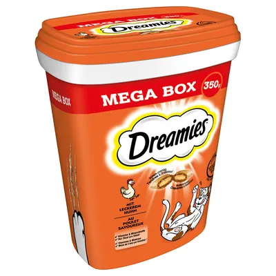 Dreamies Mega Box 350g with tasty chicken. Crunchy snacks with creamy filling, contains vitamins and minerals. Less than 2 kcal per piece.