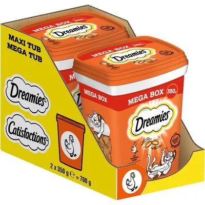 Dreamies Mega Box kattensnacks, 2 stuks van 350 g in oranje verpakking met kattenillustratie en kip-symbool. Verpakking toont ook merknaam Catisfactions. Totaalgewicht 700 g.