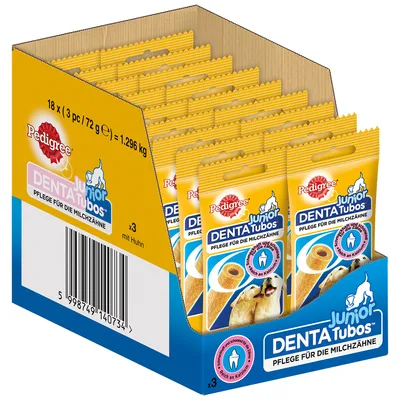 Pedigree Junior Denta Tubos, 18 x 3 kosov (72 g), skupna teža 1,296 kg. Napis v nemščini: Pflege für die Milchzähne, mit Huhn, reich an Kalzium.