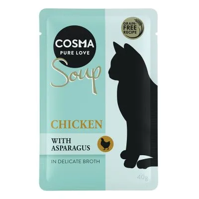 COSMA PURE LOVE Soup, CHICKEN WITH ASPARAGUS, in delicate broth, grain-free recipe, 40g. Zichtbare afbeelding van een kattenvoerzakje met silhouet van een kat.