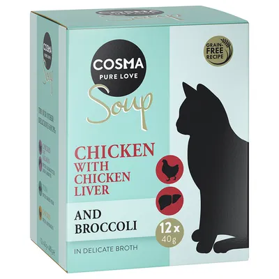 COSMA Pure Love Soup, Chicken with Chicken Liver and Broccoli, 12 x 40g, Grain Free Recipe, in delicate broth. Silhouette einer Katze auf der Verpackung.