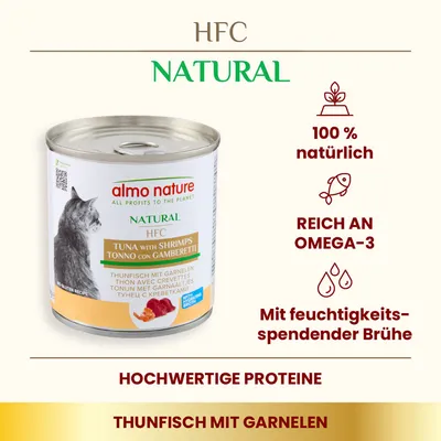 Almo Nature HFC Natural Thunfisch mit Garnelen. 100% natürlich, reich an Omega-3, mit feuchtigkeitsspendender Brühe. Hochwertige Proteine.