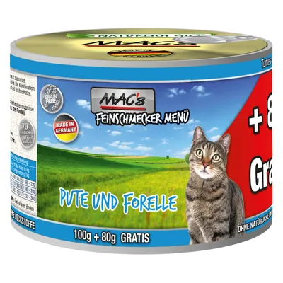 Conservă MAC's Feinschmecker Menü pentru pisici, Pute und Forelle, 100g + 80g gratis, inscripții: Made in Germany, Grain Free, 70% Fleisch Fisch Anteil.