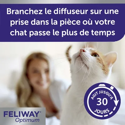 Texte : Branchez le diffuseur sur une prise dans la pièce où votre chat passe le plus de temps. Feliway Optimum. Agit jusqu’à 30 jours.