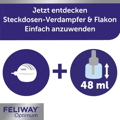 Feliway Optimum Steckdosen-Verdampfer und Flakon, einfach anzuwenden, Inhalt: 48 ml.