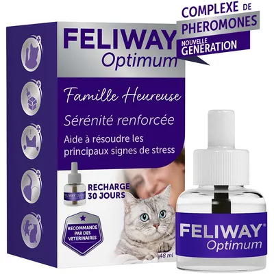 FELIWAY Optimum, complexe de phéromones nouvelle génération, Famille Heureuse, Sérénité renforcée, aide à résoudre les principaux signes de stress, recharge 30 jours, 48 ml, recommandé par des vétérinaires