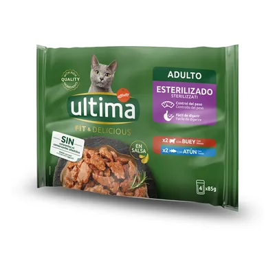 Ultima Fit & Delicious Adulto Esterilizado kissan märkäruoka, 4 x 85 g. Sisältää naudanlihaa ja tonnikalaa kastikkeessa. Ei lisättyjä väriaineita tai säilöntäaineita. Espanjankielinen pakkaus.