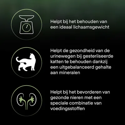 Helpt bij het behouden van een ideaal lichaamsgewicht, ondersteunt gezonde urinewegen bij gesteriliseerde katten en bevordert gezonde nieren met speciale voedingsstoffen.