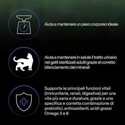 Aiuta a mantenere un peso corporeo ideale. Aiuta a mantenere in salute il tratto urinario nei gatti sterilizzati adulti. Supporta le principali funzioni vitali con prebiotici, antiossidanti, Omega 3 e 6.