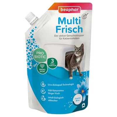 beaphar Multi Frisch, aktiver Geruchsstopper für Katzentoiletten. Probiotic, Mikrobiom, 3-Fach Funktion: Urin-Einkapsel-Technologie, hält Katzenstreu länger frisch, biologisch abbaubar.