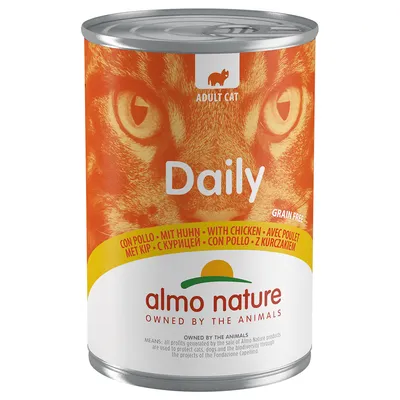 almo nature Daily Adult Cat, getreidefrei, mit Huhn. Mehrsprachige Beschriftung: mit Huhn, with chicken, avec poulet, met kip, con pollo, z kurczakiem.