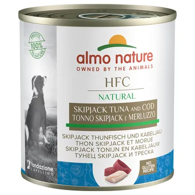 Almo Nature HFC Natural Skipjack Thunfisch und Kabeljau, 100% Profits to Nature, No Gluten Recipe. Fondazione Capellino Logo sichtbar.
