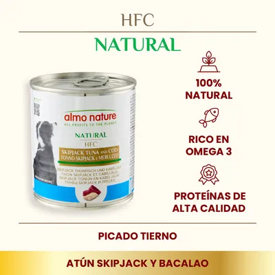 Lata de almo nature HFC Natural atún skipjack y bacalao. 100% natural, rico en omega 3, proteínas de alta calidad. Picado tierno. Texto principal en inglés y español.