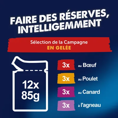 Sélection de la Campagne en gelée : 12 x 85 g, 3 x bœuf, poulet, canard et agneau chacun. Sélection de la Campagne en gelée : 12 x 85 g, 3 x bœuf, poulet, canard et agneau chacun.