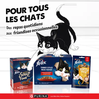 PURINA Felix nourriture pour chat et snacks. Pour tous les chats : des repas quotidiens aux friandises occasionnelles. Produits visibles : Soup Time, Tendres Effilés, Party Mix. PURINA Felix nourriture pour chat et snacks. Pour tous les chats : des repas quotidiens aux friandises occasionnelles. Produits visibles : Soup Time, Tendres Effilés, Party Mix.