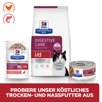 Hill's Prescription Diet Digestive Care i/d Trocken- und Nassfutter, mit Huhn und Lachs, probiere unser köstliches Trocken- und Nassfutter aus. Hill's Prescription Diet Digestive Care i/d Trocken- und Nassfutter, mit Huhn und Lachs, probiere unser köstliches Trocken- und Nassfutter aus.