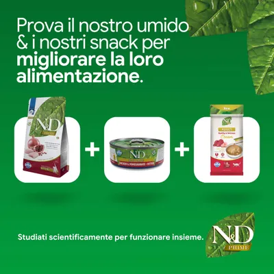 N&D Prime crocchette, alimento umido e snack. Sviluppato scientificamente per agire insieme. Per una nutrizione migliore. N&D Prime crocchette, alimento umido e snack. Sviluppato scientificamente per agire insieme. Per una nutrizione migliore.