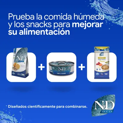 ND Ocean pienso, ND Ocean comida húmeda de atún y salmón y ND Adult Cream Snack. Desarrollado científicamente para combinar.