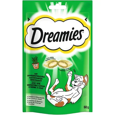 Dreamies prigrizki za mačke z neustavljivim okusom mačje mete, zunaj hrustljavi, znotraj kremasti. Vsebuje vitamine in minerale, le 2 kcal na kos. Velikost pakiranja: 60 g.