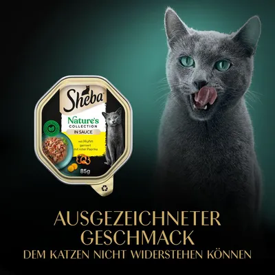 Sheba Nature's Collection in Sauce, mit Huhn garniert mit roter Paprika, 85g. Ausgezeichneter Geschmack, dem Katzen nicht widerstehen können.