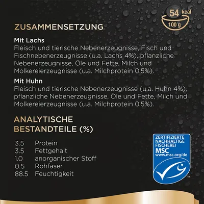 Состав и аналитические компоненты на немецком: с лососем 4 %, с курицей 4 %, белок 3,5 %, жир 3,5 %, зола 1 %, клетчатка 0,5 %, влага 88,5 %. Сертификат MSC.