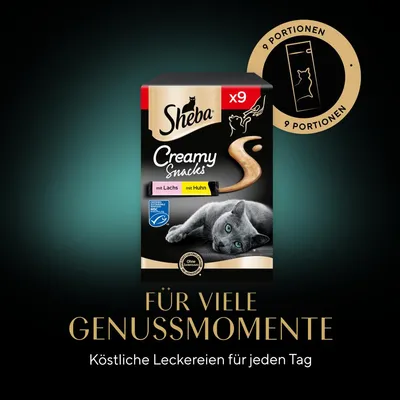 Sheba Creamy Snacks mit Lachs und Huhn, 9 Portionen. Köstliche Leckereien für jeden Tag. Ohne Zuckerzusatz, MSC-zertifiziert.