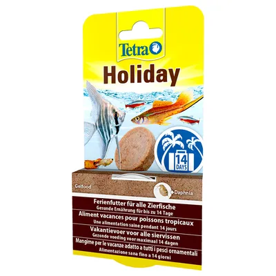 Tetra Holiday. Ferienfutter für alle Zierfische, gesunde Ernährung für bis zu 14 Tage. Enthält Daphnien. Gel-Futterblock mit mehrsprachiger Beschreibung. Tetra Holiday. Ferienfutter für alle Zierfische, gesunde Ernährung für bis zu 14 Tage. Enthält Daphnien. Gel-Futterblock mit mehrsprachiger Beschreibung.