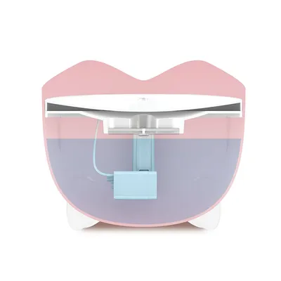 Querschnitt eines rosa Wasserspenders mit sichtbarer blauer Pumpe und Wasserbehälter.