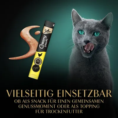 Sheba Creamy Snacks mit Huhn, vielseitig einsetzbar: als Snack für Genussmomente oder als Topping für Trockenfutter. Ohne künstliche Farb- und Konservierungsstoffe.