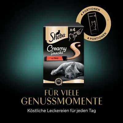 Sheba Creamy Snacks mit Rind, 4 Portionen. Köstliche Leckereien für jeden Tag. Ohne künstliche Farb- und Konservierungsstoffe.