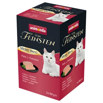 Animonda Vom Feinsten Mildes Menü tacchino e pomodori, 6 x 100 g. Confezione con gatto bianco e immagine del cibo.