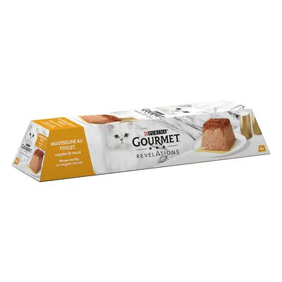 Purina Gourmet Revelations mousse with chicken, topped with sauce. Packaging shows product image and white cat. Contains 4 portions.
