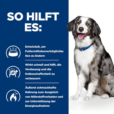 So hilft es: Entwickelt, um Futtermittelunverträglichkeiten zu lindern. Verbessert Verdauung und Kotbeschaffenheit. Unterstützt Energieaufnahme und gleicht Nährstoffverluste aus.