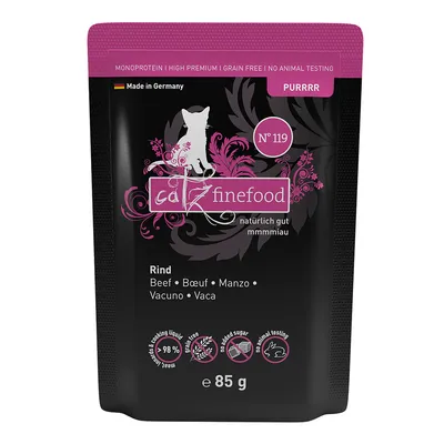 catz finefood Nr. 119 Rind, 85g, Made in Germany, Monoprotein, High Premium, Grain Free, No Animal Testing, 98% Fleischanteil, ohne Zuckerzusatz.