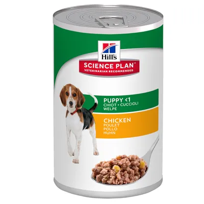 Boîte Hill's Science Plan Puppy <1, poulet. Texte visible : VETERINARIAN RECOMMENDED, CHIOT, CUCCIOLI, WELPE, CHICKEN, POULET, POLLO, HUHN. Photo de pâtée et chiot.