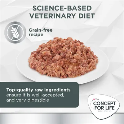 CONCEPT FOR LIFE Science-Based Veterinary Diet, ricetta senza cereali. Ingredienti di alta qualità, ben accettato e molto digeribile. Testo in inglese sull'immagine.