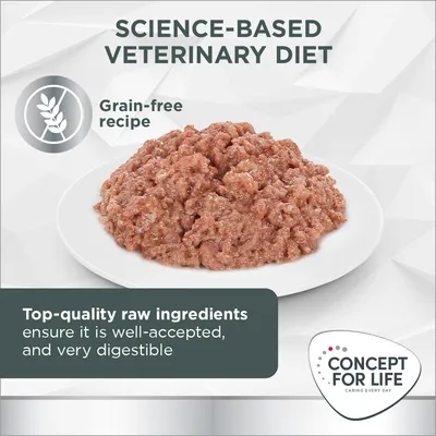 Concept for Life Science-Based Veterinary Diet, ricetta senza cereali, ingredienti di alta qualità. Testo in inglese: Top-quality raw ingredients ensure it is well-accepted, and very digestible.