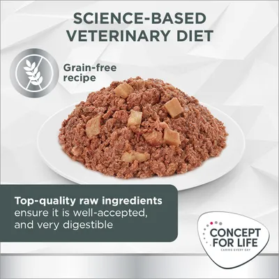 Concept for Life, dieta veterinaria grain-free. Ingredienti di alta qualità, ben accettati e digeribili. Ricetta senza cereali. Testo in inglese.