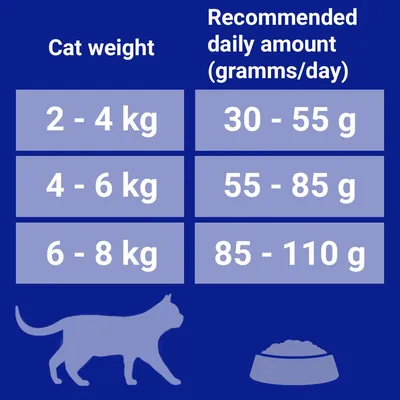 Feeding guide for cats: 2–4 kg 30–55 g/day, 4–6 kg 55–85 g/day, 6–8 kg 85–110 g/day. Table with cat and food bowl icons.