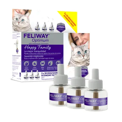 FELIWAY Optimum Happy Family, pack de 3 recambios de 48 ml. Texto visible: 'La mejor tranquilidad', 'Ayuda a solucionar todos los signos frecuentes de estrés'. Imagen de un gato.