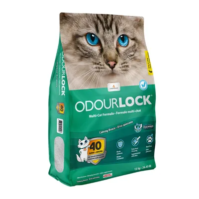 Saco de arena para gatos OdourLock Multi-Cat Formula, 12 kg. Texto visible: Calming Breeze, 40 days/jours, bloquea olores, extra hard clumping, fragrance, free paws sensitive.