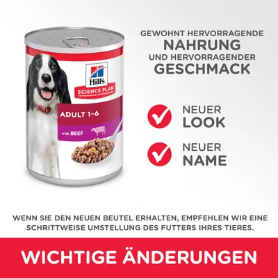 Hill's Science Plan ADULT 1-6 with BEEF. Новый внешний вид, новое название. Важные изменения. Текст на немецком языке.