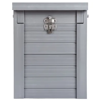 Grey wooden box with metal clasp, vertical panels and rectangular shape.