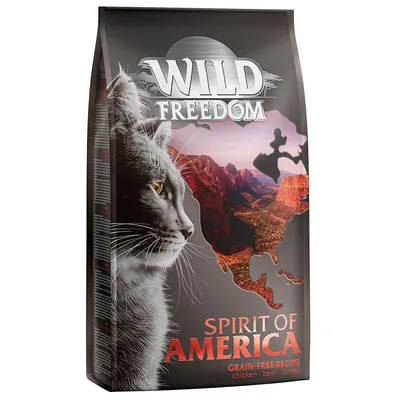 Wild Freedom Spirit of America viljaton resepti kissanruoka, kana, nauta, kalkkuna. Pakkauksessa kuva kissasta ja Pohjois-Amerikan kartasta.