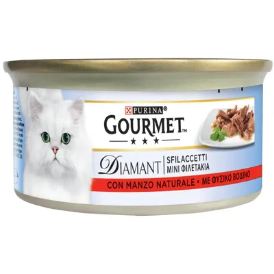 Purina Gourmet Diamant Sfilaccetti Mini Fillets with natural beef. Image of a white cat and beef pieces on the packaging.